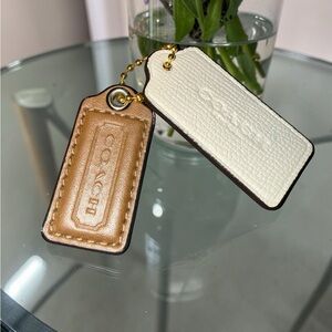 Coach Double Leather Tag Keychain in Brown and White with Chain